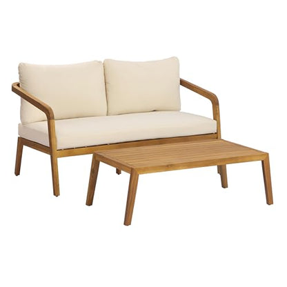 2-Piece Outdoor Loveseat & Coffee Table Set, Acacia Wood Patio Furniture with PE Wicker Backrest, High-Resilience Cushions, 800 lbs Capacity, for Patio Backyard Sunroom Poolside