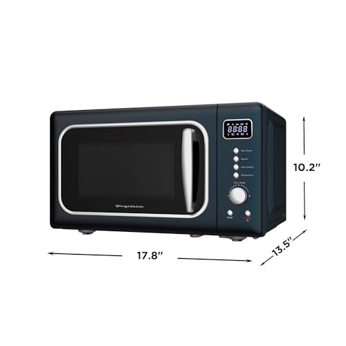 Frigidaire, 0.7 Cu. Ft. Retro Countertop Microwave Oven, 700W Compact Microwave with 8 Auto Cook Menus, Auto Defrost, 5 Power Levels, LED Display, Glass Turntable, Azure-Argent