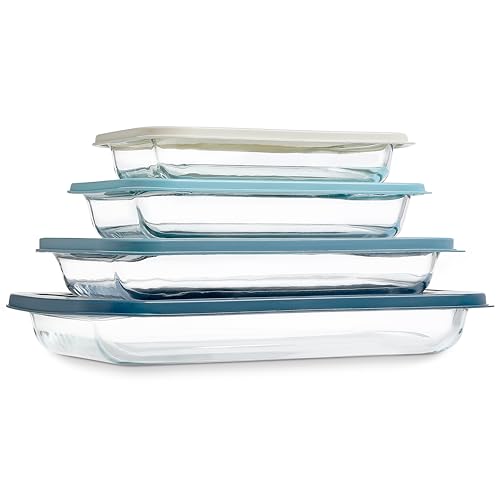 COOK WITH COLOR 8-Piece Deep Glass Baking Dish Set with Plastic Lids – Casserole and Food Storage Containers for Lasagna, Leftovers – Freezer-to-Oven, Microwave & Dishwasher Safe, Blue