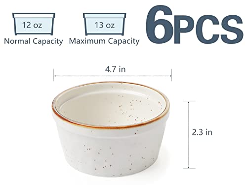 ONEMORE 12 oz Ramekins Oven Safe - Set of 6 Speckled Ceramic Souffle Dishes with Brown Rim for Baking Creme Brulee, French Onion Soup, Pot Pies, and More | Rustic Design with Warm Cream Glaze