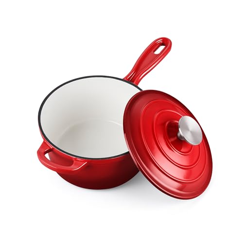 Homikit 1 Quart Saucepan with Lid, Small Enameled Cast Iron Sauce Pan, Enamel Cast Iron Cooking Pot Mini Dutch Oven Kitchen Cookware for Making Pasta, Boiling Soup, Warming Milk, Red