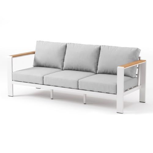 Aluminum Outdoor Patio 3-Seater Sofa Set, All-Weather Outdoor Patio Sofa with 6" Thick Removable & Washable Cushions, Rustproof Patio Outdoor Sofa Couch for Deck, Balcony, Porch, Yard, White