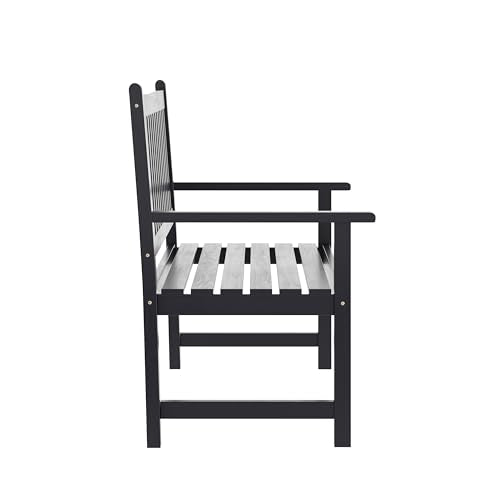 Flash Furniture Adele Commercial Indoor/Outdoor Acacia Wood Bench, 2-Person Slatted Patio Loveseat, for Use in Yard, Garden, Porch, or Park, Black