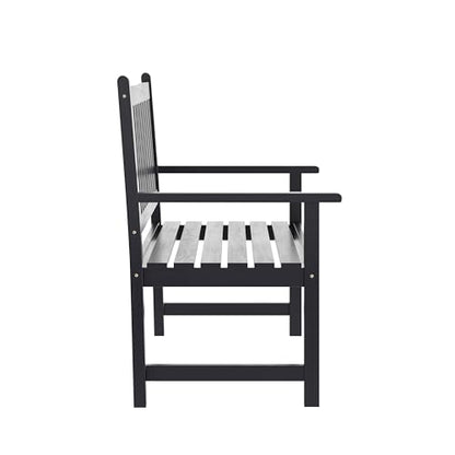 Flash Furniture Adele Commercial Indoor/Outdoor Acacia Wood Bench, 2-Person Slatted Patio Loveseat, for Use in Yard, Garden, Porch, or Park, Black