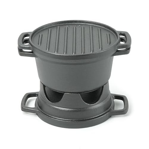 HAWOK 6 Piece Stove Set, Potable Cast Iron Charcoal Grill Stove with 1QT Dutch Oven, with Multipurpose Lid, Five-Leg Buffet Tray, Multipurpose Mini BBQ Stove Set