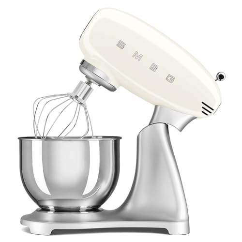 SMEG SMF04 5-Qt Stand Mixer with Smooth Start & SteadyMix, 600W Motor, 10 Speeds, Stainless Steel Bowl & Pour Shield – Retro 50’s Style Planetary Mixer for Bread Dough, Baking & Desserts-Cream