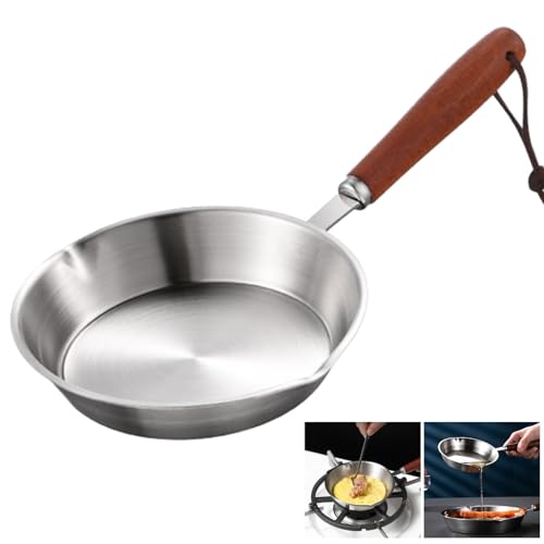 6 Inch Frying Pan, Mini Stainless Steel Nonstick Frying Pan Skillet for Cooking Omelets, Small Cooking Pan with Cooling Wood Handle for Cooktops Cooking Omelets, Eggs, Steaks (Silver S)