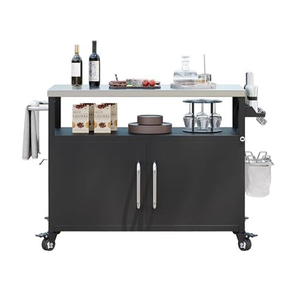 LUMISOL Outdoor Grill Table with Stainless Steel Tabletop, 54.5" Outdoor Kitchen Island with Storage Cabinet, Rolling Bar Cart Sink Station with 4 Lockable Wheels for Pizza Prep, Black