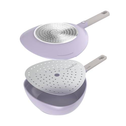 Multi-Purpose 3-in-1 Ceramic Saucepan with Skillet Lid & Steamer, 3QT Nonstick Sauce Pan Features Dual Strainers, Space-Saving Nesting, All Stove & Dishwasher Safe