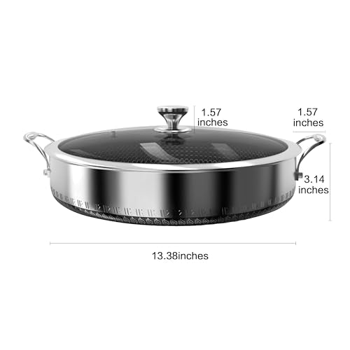 CATHYLIN 316L Stainless Steel 8QT Frying Pan Hex Nonstick Wok with Lid, Two Handle to Hold, PFOA Free, Dishwasher Oven Safe (8QT)