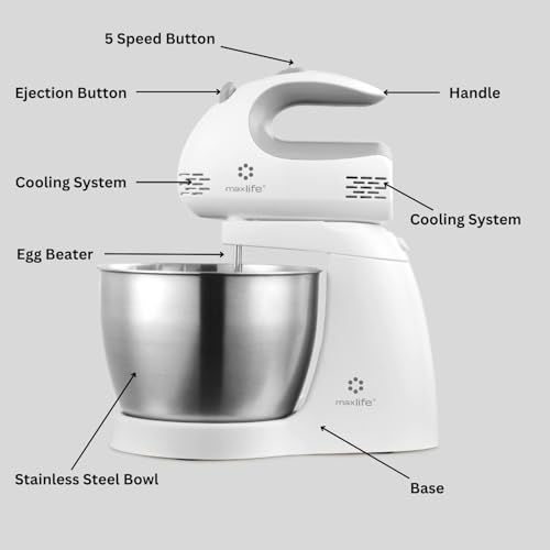 Max Life ML-6638 Electric Stand Mixer, 150W, 5 Speeds, 3.2-Quart Rotating Stainless Steel Bowl, 2 Beaters & 2 Dough Hooks, White