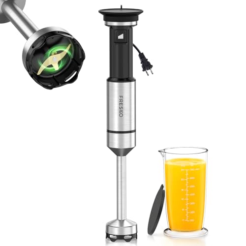 FRESKO Immersion Blender Handheld, Variable Speed Trigger Stick Blender with Anti-Scratch Stainless Steel Shaft, 700ml(24oz） BPA-Free Beaker, Hand Mixer for Smoothies, Baby Food, Soups & Sauces