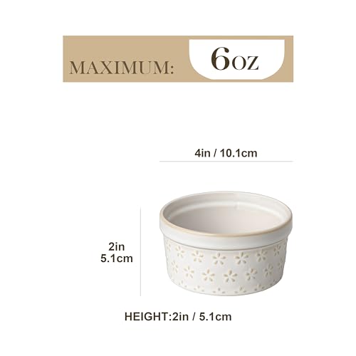 MALACASA Ramekins 6 Oz Oven Safe, Ceramic Creme Brulee Souffle Dishes, Pudding Custard Cups Ramekin For Baking, Small Dipping Sauce Bowls, Set of 4, Microwave and Dishwasher Safe, Arctic White