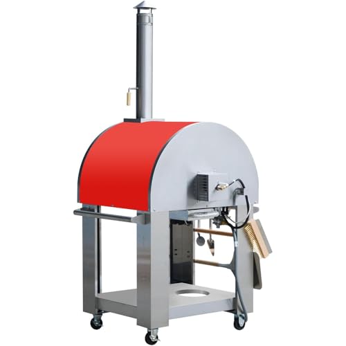 KOSTCH 32.5 inch Wood Fired and Propane Gas Pizza Oven for Outdoor Kitchen in Stainless Steel, Large Pizza Oven for Outside, Yard and Party (Red with Cover)