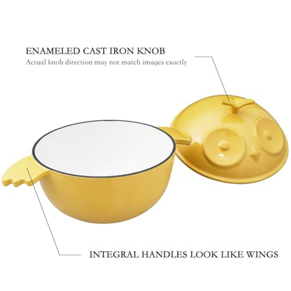 Flavehc Owl Shaped Cast Iron Dutch Oven with Lid 3 qt Enameled Dutch Oven for Bread Baking,Yellow