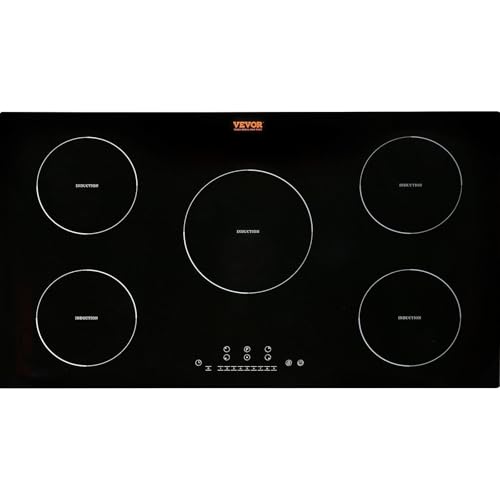 VEVOR Electric Cooktop, 5 Burners, 36'' Induction Stove Top, Built-in Magnetic Cooktop 9200W, 9 Heating Level Multifunctional Burner, LED Touch Screen w/Child Lock & Over-Temperature Protection
