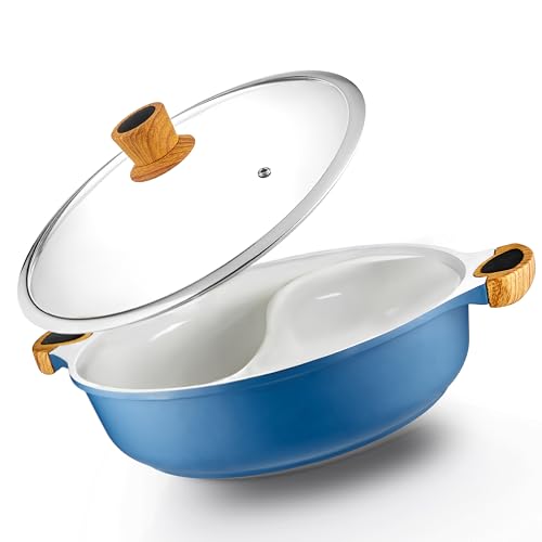 Nonstick Hot Pot with Divider, Blue Shabu Shabu with Silicone Spoons, Divided Cooker for Two Broths, Compatible with Induction, Gas Stove, or Grill