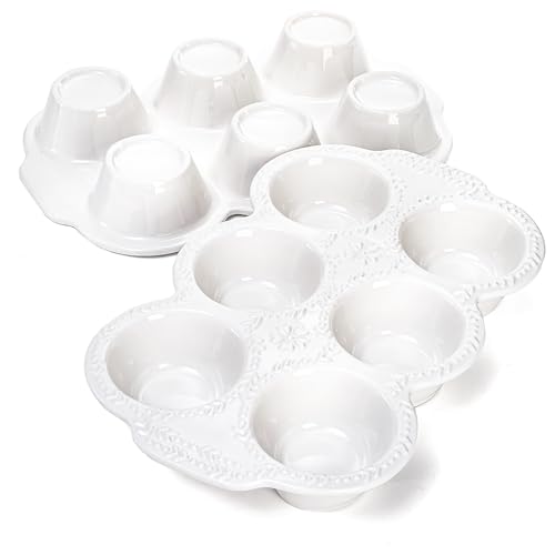 Hiceeden 2 Pack 6-Cup Ceramic Muffin Pan, Nonstick Cupcake Baking Pans with Handle, Ceramic Muffin Tin with Embossed Pattern for Muffin, Cupcake, White