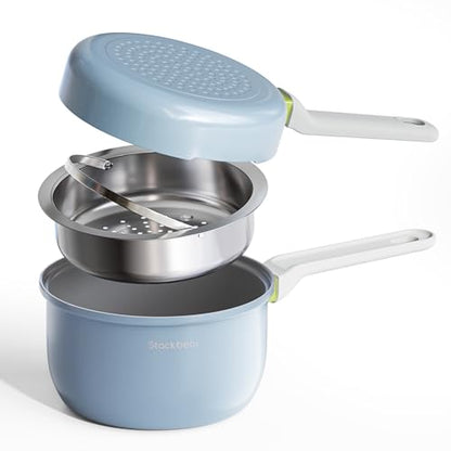 Ceramic Non Stick Sauce Pan, 2.5QT Saucepan with Frying Pan as Lid, Steamer Pot for Cooking, Induction Cookware Set, PTFE, PFOA & PFAS Free, Light Blue