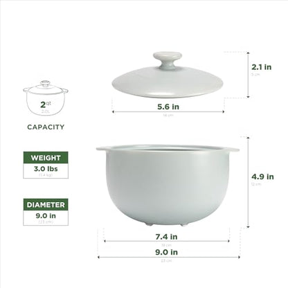 MINH LONG 2-Qt Porcelain Dutch Oven with Lid – Lead & Cadmium Free, Oven Safe to 482°F, Heat Retention, Clay Pot for Cooking on Gas & Infrared Cooktop, Use to Marinate, Cook, Bake, Refrigerate & Serve