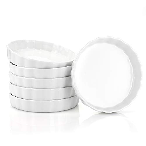 Foraineam 6 Pack 8 Ounce Porcelain Creme Brulee Ramekins Mini Fluted Quiche Dishes, 6 Inch Tart Pan Round Pie Plates for Baking, Dishwasher and Oven Safe