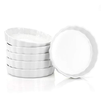 Foraineam 6 Pack 8 Ounce Porcelain Creme Brulee Ramekins Mini Fluted Quiche Dishes, 6 Inch Tart Pan Round Pie Plates for Baking, Dishwasher and Oven Safe
