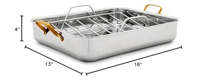 GreenPan Reserve 16" x 13" Tri-Ply Stainless Steel Roasting Pan with Roaster Rack, Multiclad Cookware, Induction Suitable, Gold Stainless Steel Handles, Dishwasher & Oven Safe, Silver