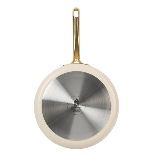 Bloomhouse - Two Time Oprah's Favorite Things Winner - 10 Inch Heavy Duty Aluminum Premium PFA Free Ceramic Nonstick Saute/Deep Frying Pan Skillet with Lid - Almond Cream w/Gold Handle