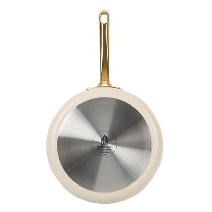 Bloomhouse - Two Time Oprah's Favorite Things Winner - 10 Inch Heavy Duty Aluminum Premium PFA Free Ceramic Nonstick Saute/Deep Frying Pan Skillet with Lid - Almond Cream w/Gold Handle