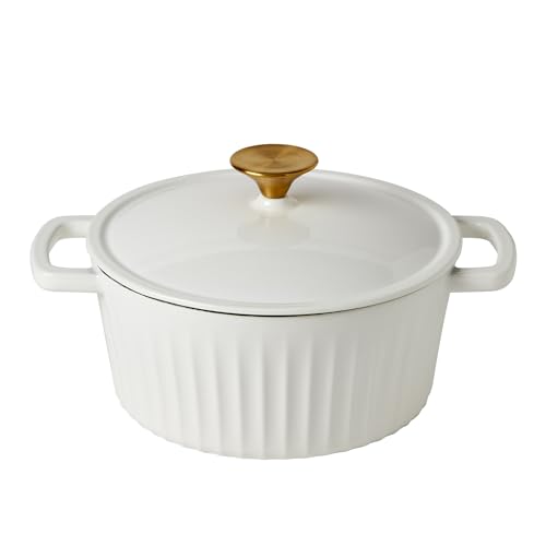 Smith & Clark 3-Quart Enameled Cast Iron Fluted Dutch Oven Pot with Lid, White