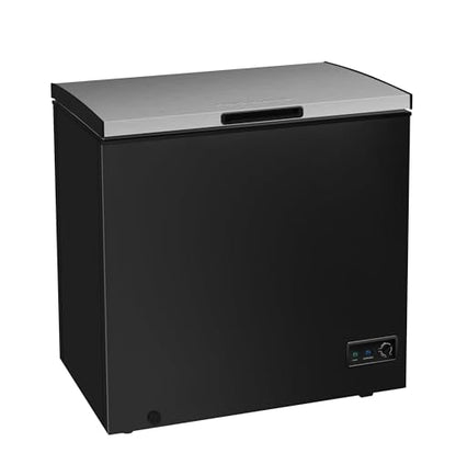 Chest Deep Freezer, 7 Cu. Ft, Black Adjustable Thermostat-Removable Vinyl Coated Wire Basket-Easy Defrost Drain, Eye-Catching Stainless Steel Top Door- Garage Ready