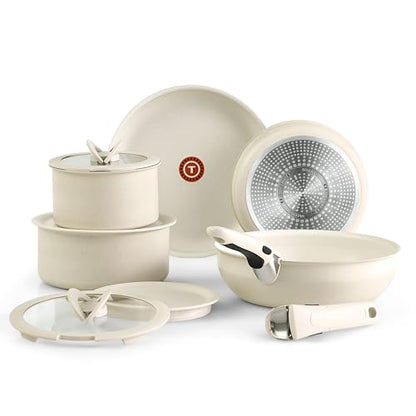 T-fal Ingenio Essentials Cookware Set with Detachable/Removable Handle 11 Piece, Granite Titanium Non Stick, Induction, Oven Broiler Safe 500F, Stackable, Pots and Pans Set, RV Camping, Fry Pans Beige