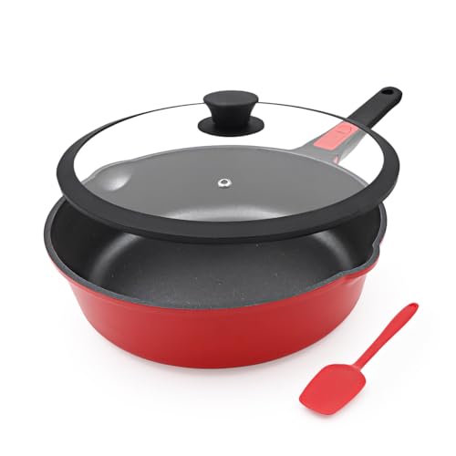 Bobikuke 10 Inch Deep Frying Pan with Lid, Non Stick Frying Pans Saute Pan, Nonstick Skillet Cooking Pan Kitchen Pans, Compatible with All Stoves, Detachable Handle, Oven Safe, PFOA Free, Red (4 Qt)