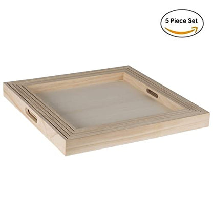 Hammont Wooden Square Trays - Five Piece Nested Serving & Organizing Trays - Rustic Brown Solid Wood - Set of 5 (16x16x1.5", 15.3x15.3x1.5", 14.5x14.5x1.4", 13.75x13.75x1.25", 13x13x1.1")