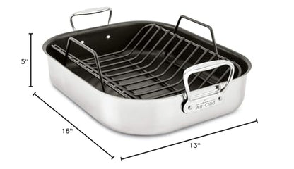 All-Clad Specialty Stainless Steel Large Roaster with Nonstick Rack 13x16 Inch Oven Broiler Safe 500F Roaster Pan, Pots and Pans, Cookware Silver
