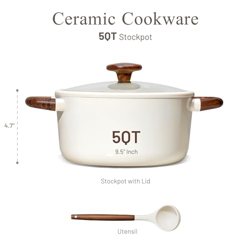 CAROTE 5QT Nonstick Stock Pot with Lid, 5 Quart Casserole with Ladle, Even Heating Stockpot, Fits All Stoves, Non Stick Big Cooking Pots PFOA Free, White