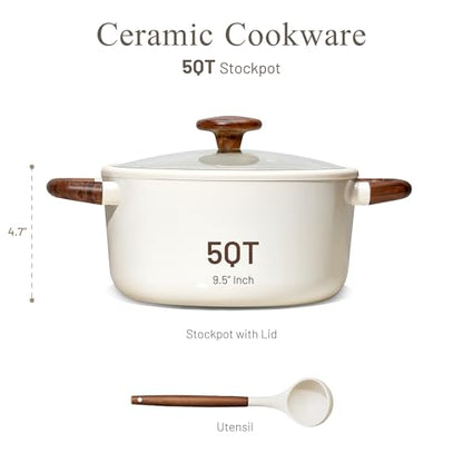 CAROTE 5QT Nonstick Stock Pot with Lid, 5 Quart Casserole with Ladle, Even Heating Stockpot, Fits All Stoves, Non Stick Big Cooking Pots PFOA Free, White
