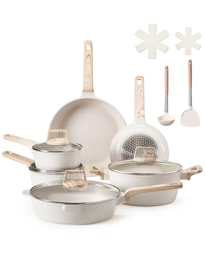 VEVOR 17 Piece Pots and Pans Set, Granite Nonstick Cookware Set, Induction Cookwares, Kitchen RV Cooking Sets with Frying, Sauce, Saute, Tempered Glass Lids, and Pan Protectors, White
