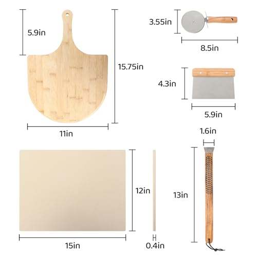5 PCS Pizza Stone Set for Oven and Grill, Pizza Making Tools with 15" Baking Stone, Pizza Peel, Pizza Cutter Wheel, Oven brush, Scraper, for Pizza & Bread,Grill