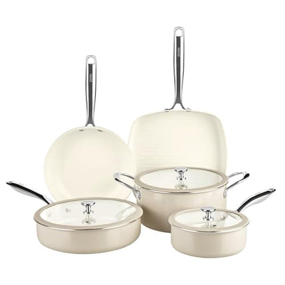 Pyrex 8-Piece Ceramic Cookware Set, Pots and Pans with Lids & Stainless Steel Handles, Healthy Nonstick Ceramic Coating, Induction Compatible Stainless Steel, PFAS Lead Cadmium BPA Free