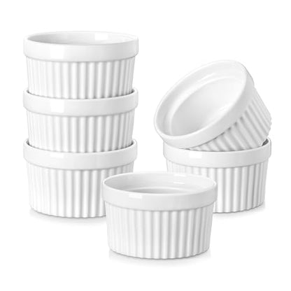 MALACASA Ramekins 6 oz Oven Safe, Porcelain Creme Brulee Ramekins Pudding Custard Cups Small Ceramic Souffle Dishes Ramakan Ramiken Ramicans Baking Bowls Set of 6, White, Series RAMEKIN-DISH