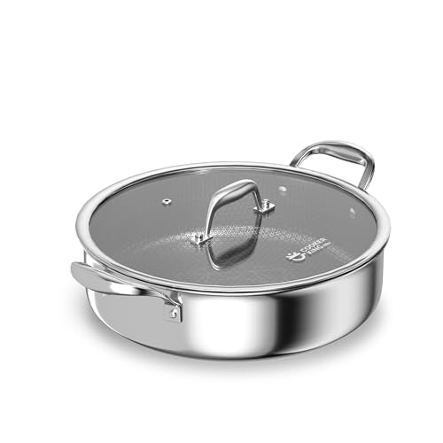 COOKER KING 5QT Stainless Steel Saute Pan with Lid, Hybrid Nonstick Deep Saute Pan, Chicken Fryer, Tri-Ply Clad Even Heat Distribution, Dishwasher-Friendly,Oven Safe to 900°F, Induction Compatible
