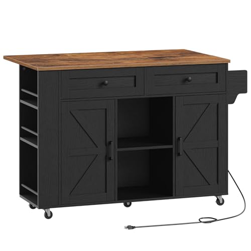 HOOBRO Kitchen Island on Wheels, Kitchen Storage Island with Power Outlet & Drop Leaf, Island Table with Open Shelves, 2 Drawers, for Kitchen, Rustic Brown and Black BF35UZD01