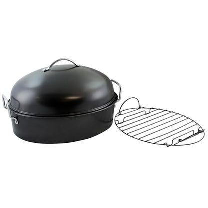 16 Inch Carbon Steel Roaster Pan with High Dome Lid and Rack – Oval Black Roasting Pan with Handles for Turkey, Chicken, Ham, and More