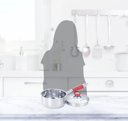 Concord 2 Quart Stainless Steel Saucepan with SIMPLE POUR Vented Glass Lid. Features Dual Pouring Spouts and Volume Marking. Perfect for making Sauces, Jam, Ramen, and more