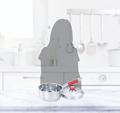 Concord 2 Quart Stainless Steel Saucepan with SIMPLE POUR Vented Glass Lid. Features Dual Pouring Spouts and Volume Marking. Perfect for making Sauces, Jam, Ramen, and more