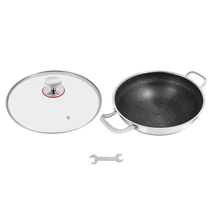 WINNIESHOP Hybrid Frying Pans Nonstick Paella Pan with Lid 14 Inch Stainless Steel Deep Skillet Large Frying Pan Big Pan for Cooking, Suitable for All Cooktops Including Induction (12.59 Inch)