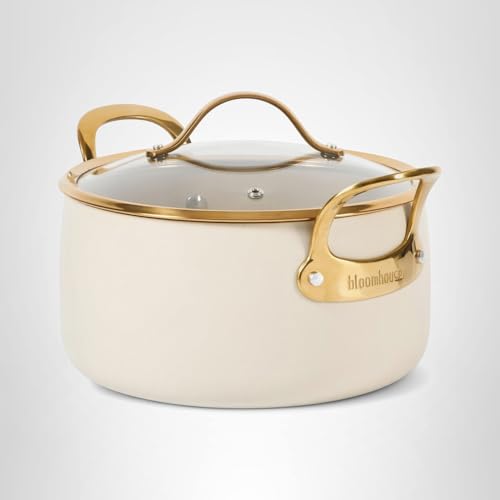 Bloomhouse - Two Time Oprah's Favorite Things Winner - 6 Quart Heavy Duty Aluminum Premium PFA Free Ceramic Nonstick Dutch Oven Pot with Lid - Almond Cream w/Gold Handle
