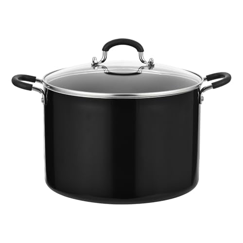 Alpine Cuisine 10Qt Aluminum High Stock Pot with Glass Lid, Nonstick Black Coated Cooking Pot, Large Capacity Soup & Pasta Pot with Handles, Durable & Lightweight Cookware for Family Meals