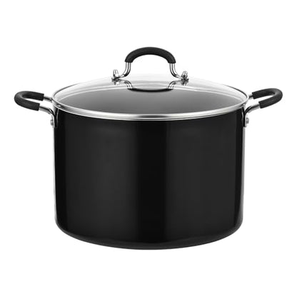 Alpine Cuisine 10Qt Aluminum High Stock Pot with Glass Lid, Nonstick Black Coated Cooking Pot, Large Capacity Soup & Pasta Pot with Handles, Durable & Lightweight Cookware for Family Meals